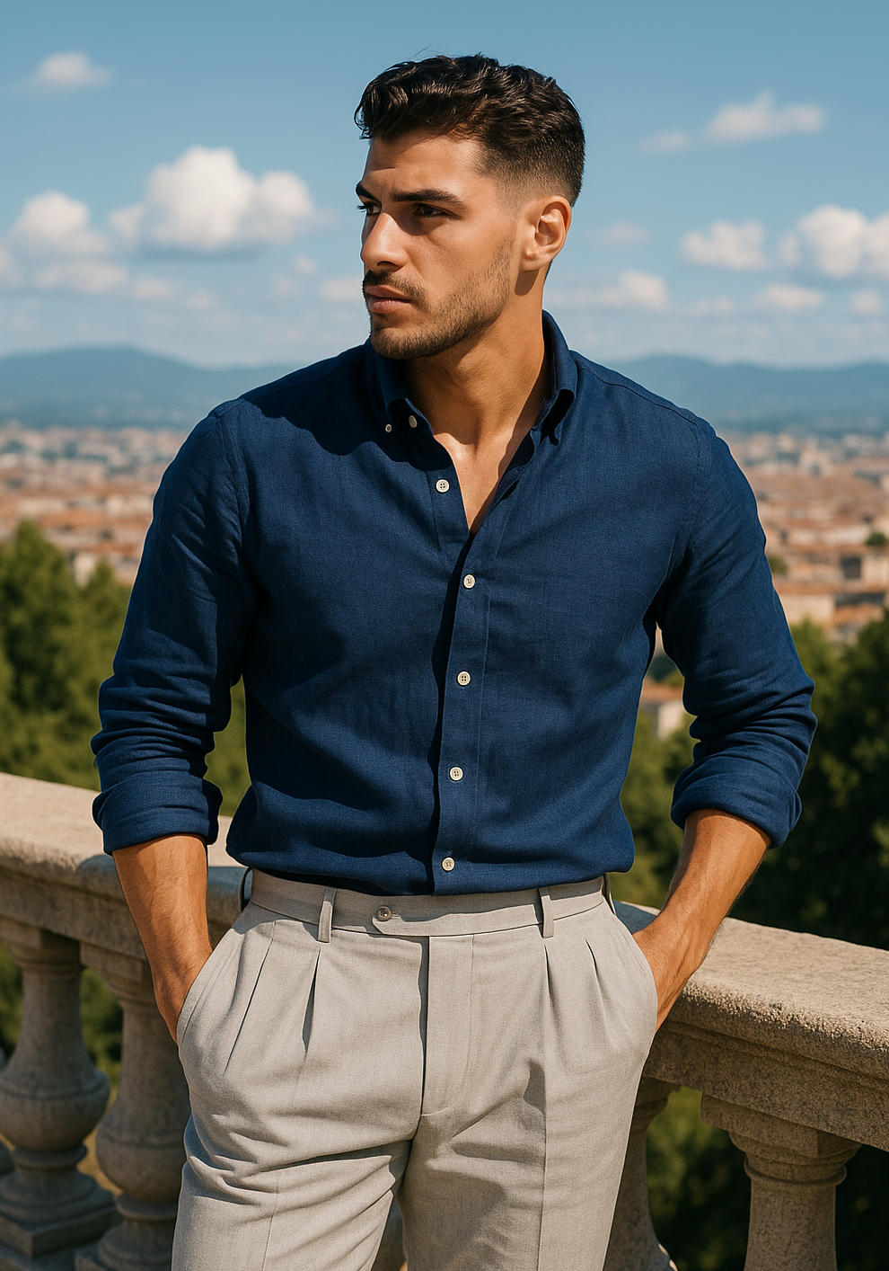 Navy Blue Sluby Cotton Linen Shirt
