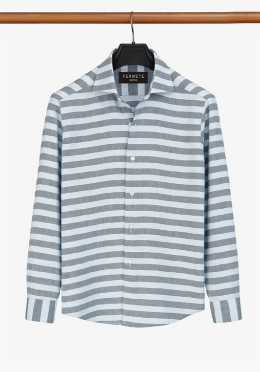 Grey Blue Bold Cotton Linen Stripes