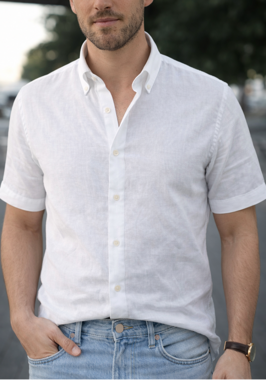 Pearl White Airy Cotton Linen Shirt - Half Sleeves