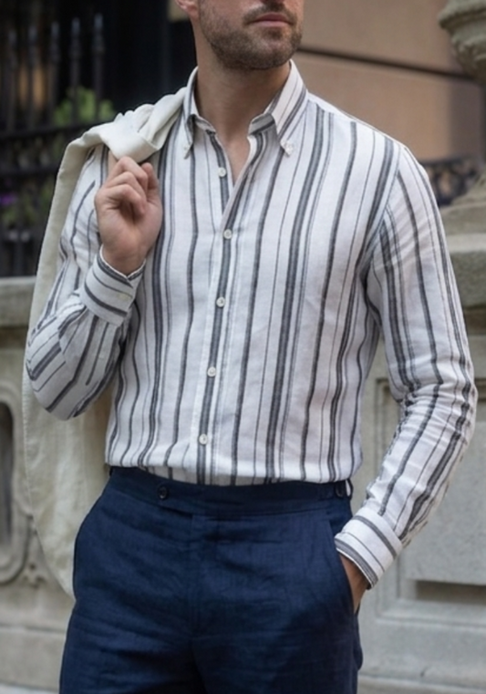 White Gray Wide Stripes Summer Linen Shirt