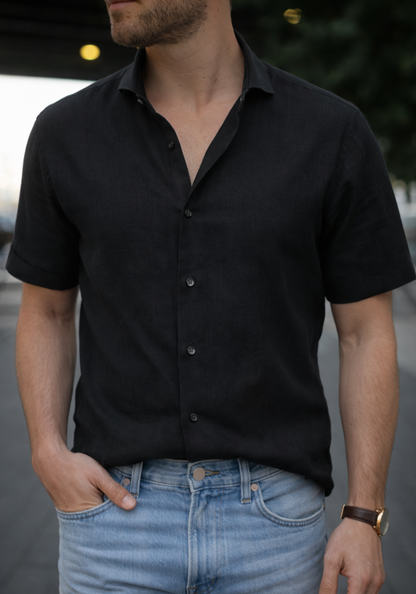 Black Half Sleeves Linen Shirt