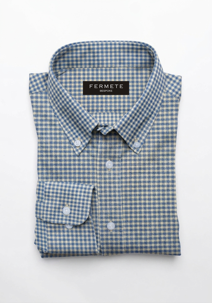 Fine Blue Twill Mini Checkered Shirt - Button Down Collar