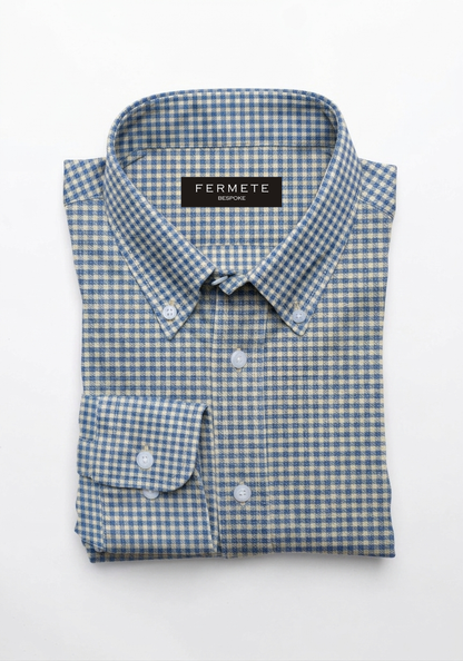 Fine Blue Twill Mini Checkered Shirt - Button Down Collar
