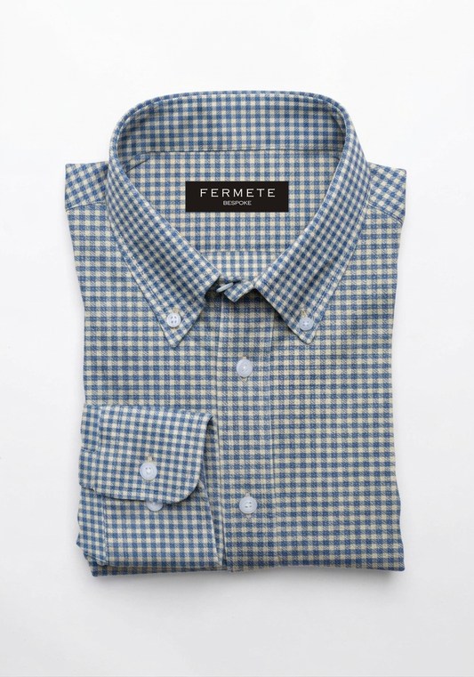 Fine Blue Twill Mini Checkered Shirt - Button Down Collar