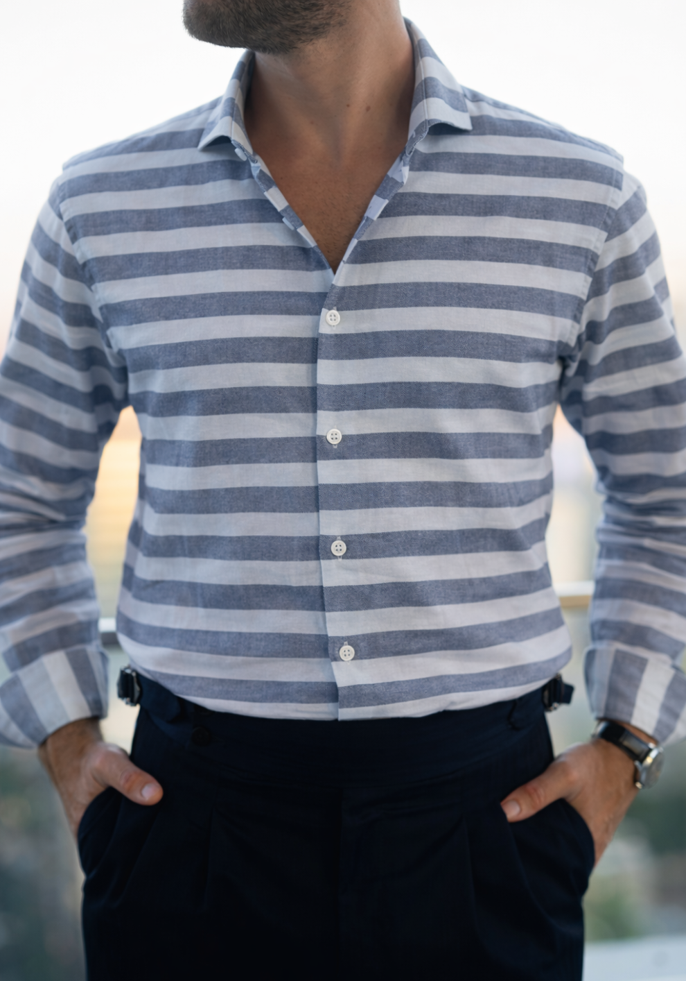 Grey Blue Bold Cotton Linen Stripes