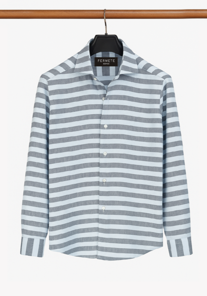 Grey Blue Bold Cotton Linen Stripes