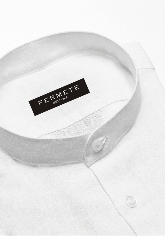 Pearl White Cotton Linen Shirt - Band Collar