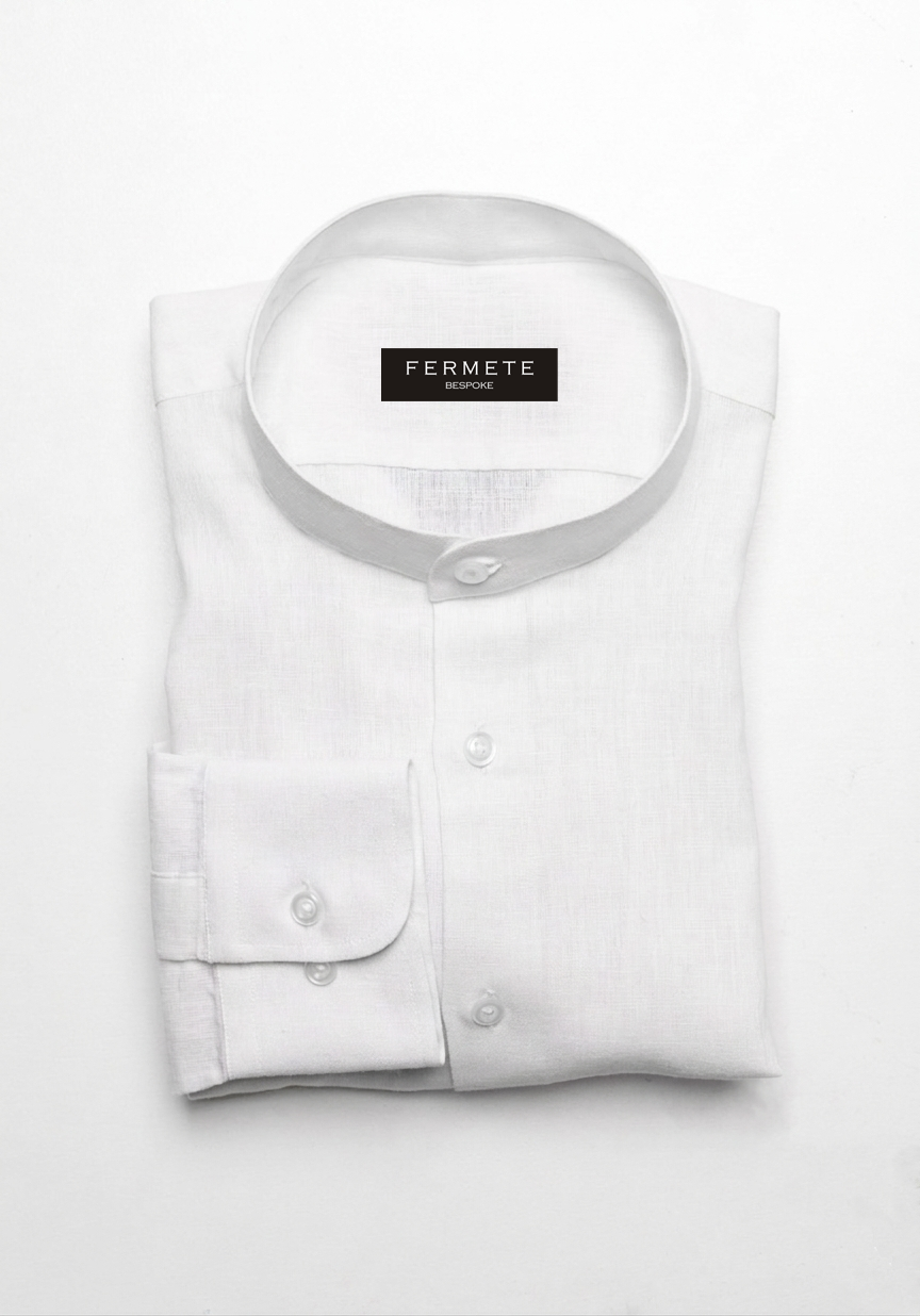 Pearl White Cotton Linen Shirt - Band Collar
