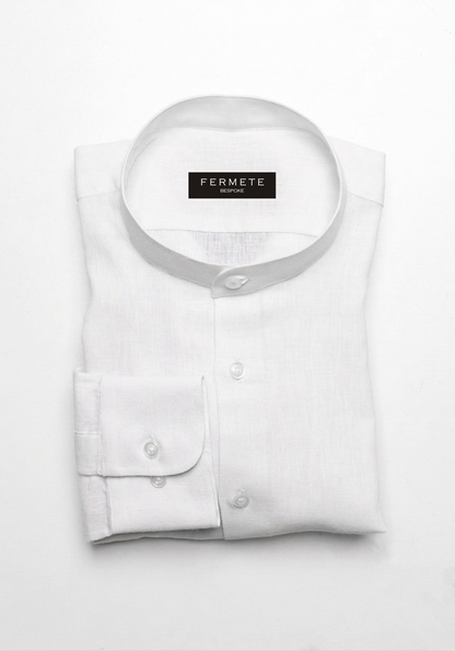 Pearl White Cotton Linen Shirt - Band Collar