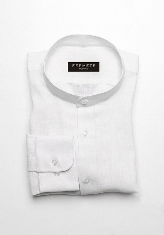 Pearl White Cotton Linen Shirt - Band Collar