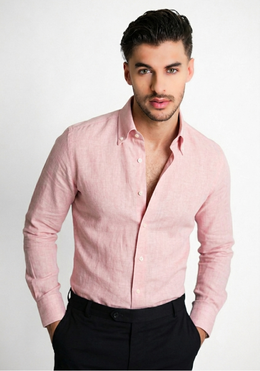 Powder Pink Cotton Linen Shirt - Button Down Collar