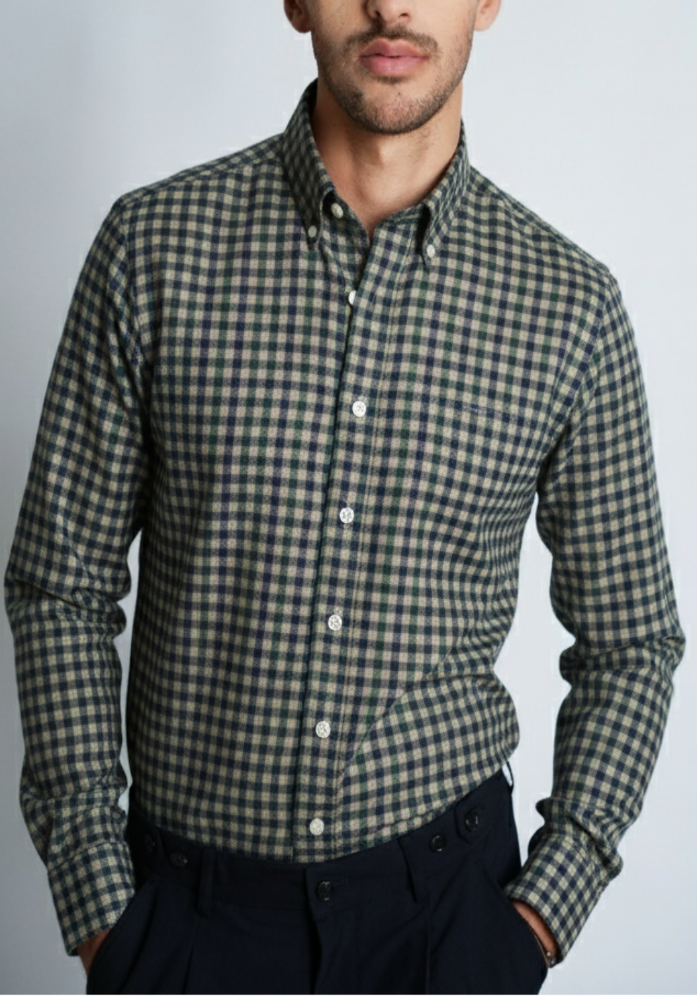 Soft Navy Green Gingham Winter Flannel Shirt