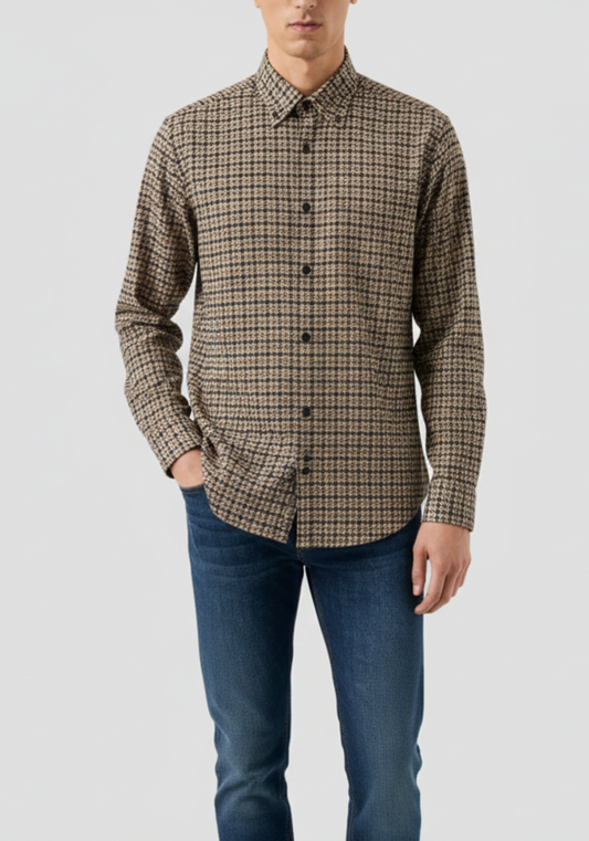 Tan Black Grid Checkered Winter Flannel Shirt