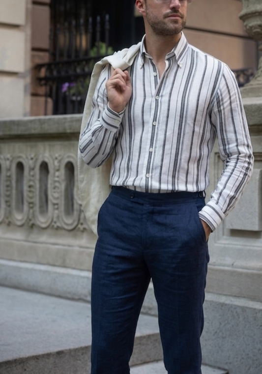 White Gray Wide Stripes Summer Linen Shirt