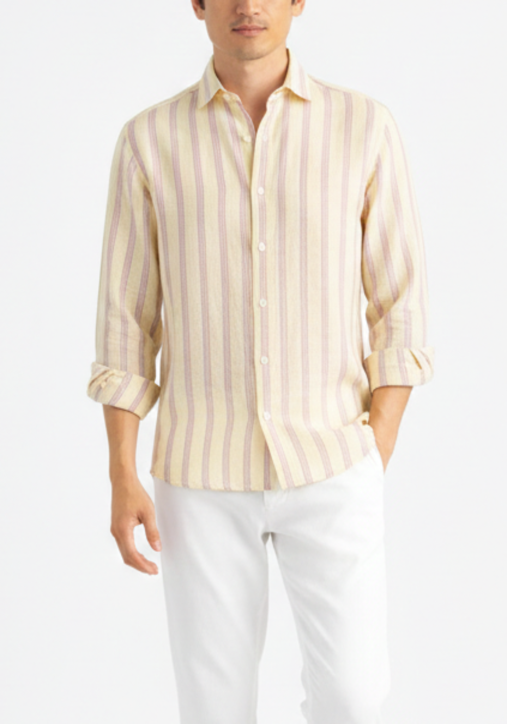 Yellow Beige Linen Stripes Shirt