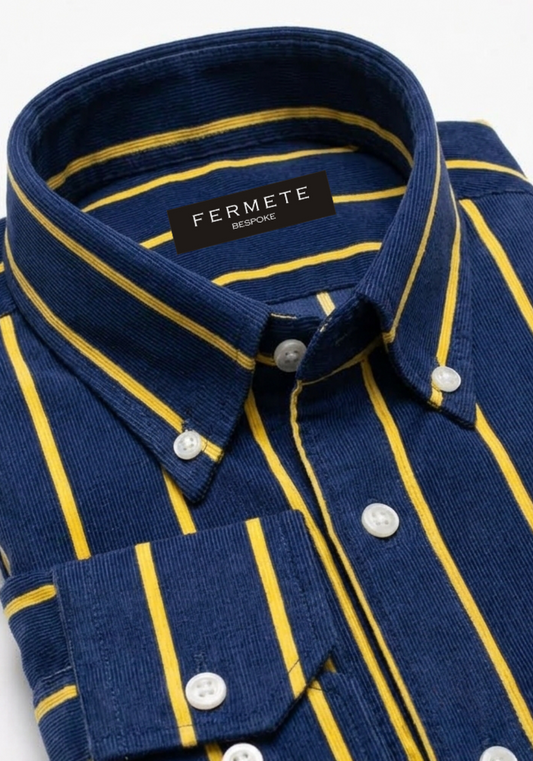Yellow On Blue Stripes Corduroy Winter Shirt